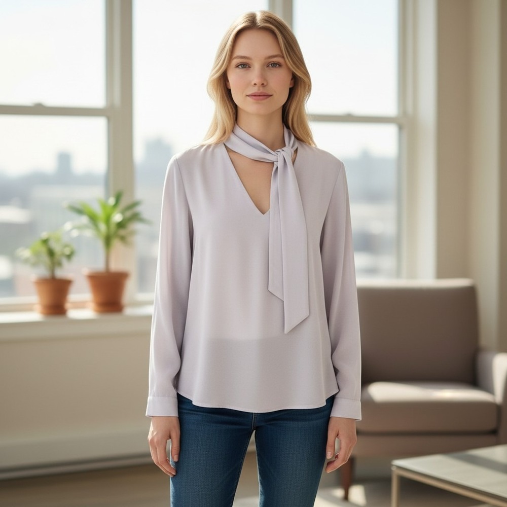 Yidarton Womens Tie Neck Blouse Long Sleeve V-Neck Lavender Grey Size Large